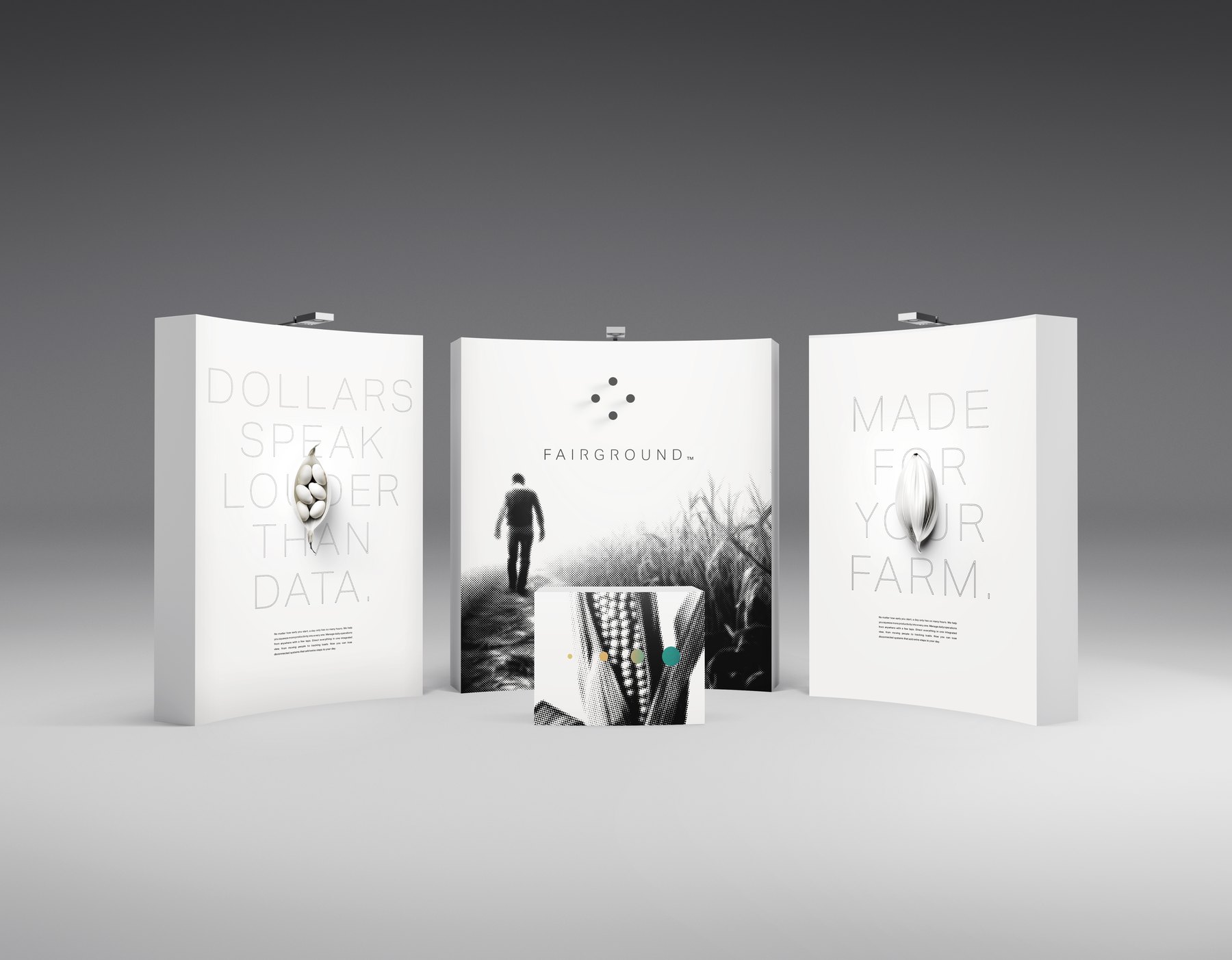 A three panel trade stand in bone and charcoal: an outline headline with a seed pod, the Diamond lockup over a halftone of a man walking into corn, and a second outline headline with the ridged seed. The counter front carries a halftone corn plant and a row of four coloured dots.