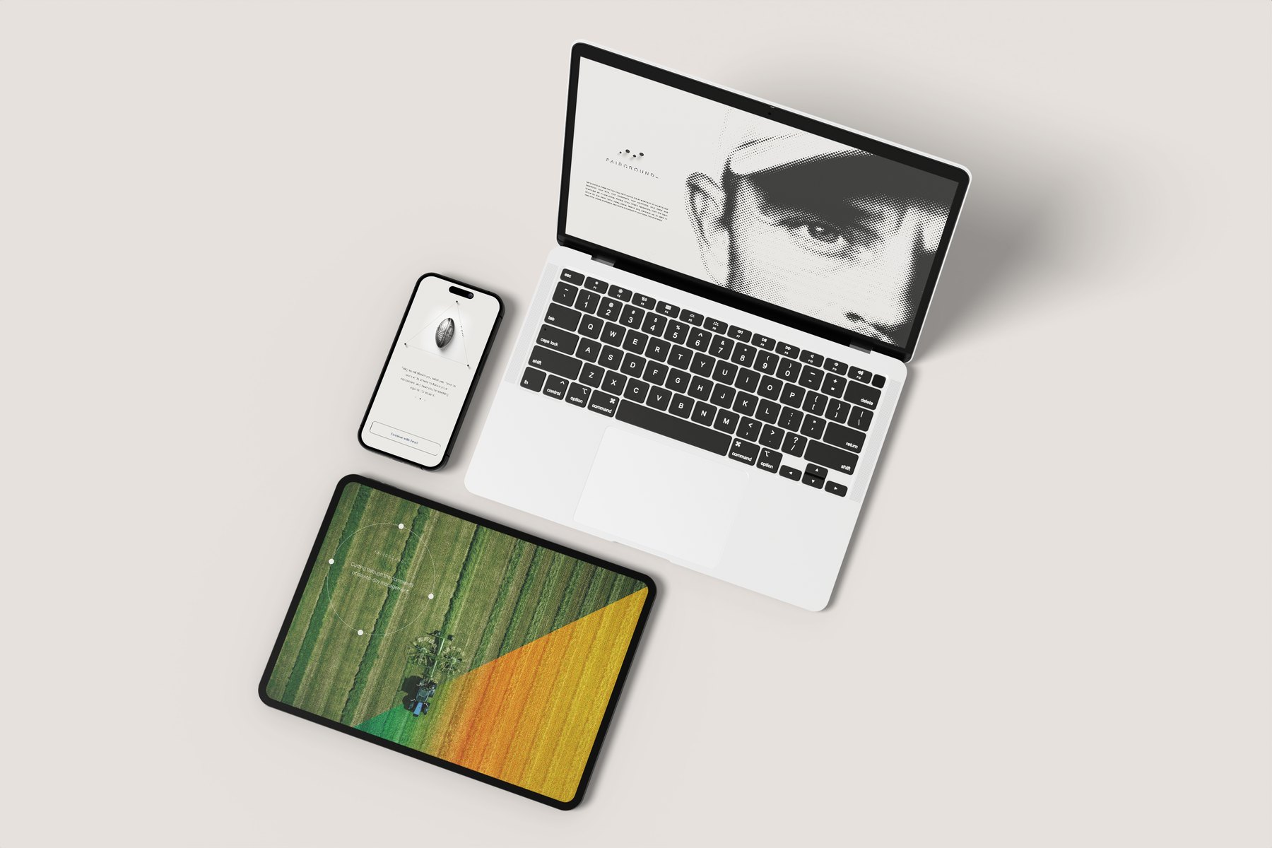 A laptop, phone and tablet on a bone ground. The laptop shows a halftone portrait with the wordmark and copy, the phone a seed pod inside a hairline X, the tablet an aerial tractor with the identity inside a hairline circle.
