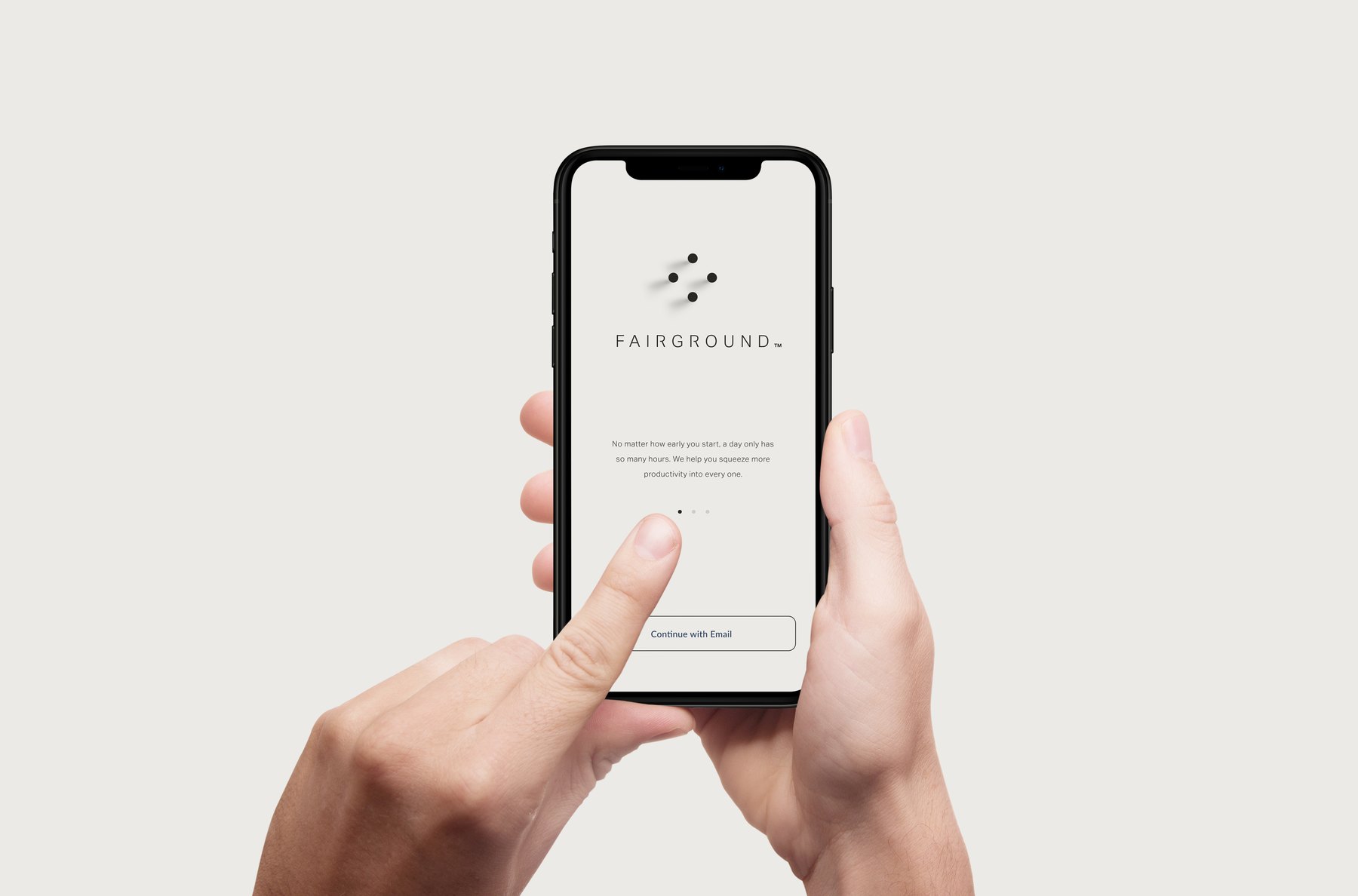 A phone onboarding screen: the Diamond lockup centred above three lines of copy, a three dot page indicator with the first dot filled, and an outlined button.