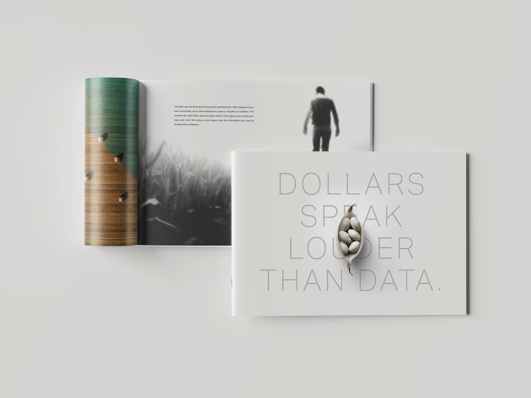 A landscape brochure lying open with a second cover across it. The left page runs an aerial of bales with a colour split, the right page body copy above a halftone walker, and the cover an outline headline with a seed pod set into two letters.