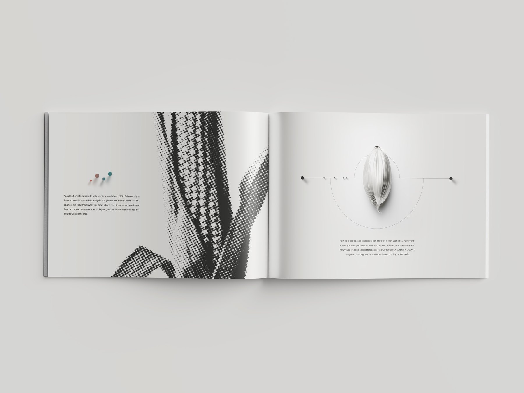 A brochure spread with a row of four coloured dots above justified body copy, the dots ramping from clay through neutral to teal.