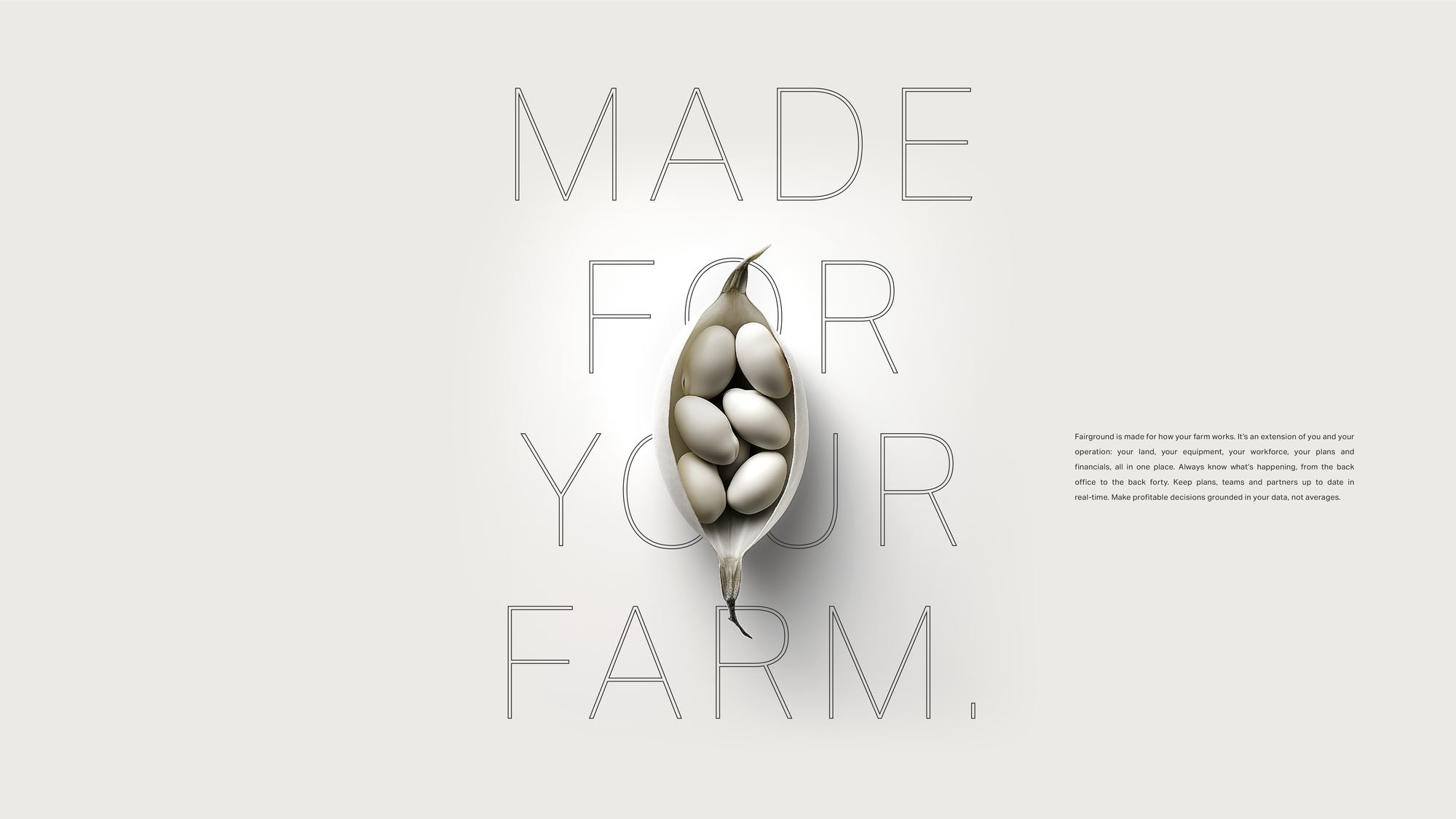 Outline display type with a split seed pod set into it, and a narrow justified column of body copy held at the right.