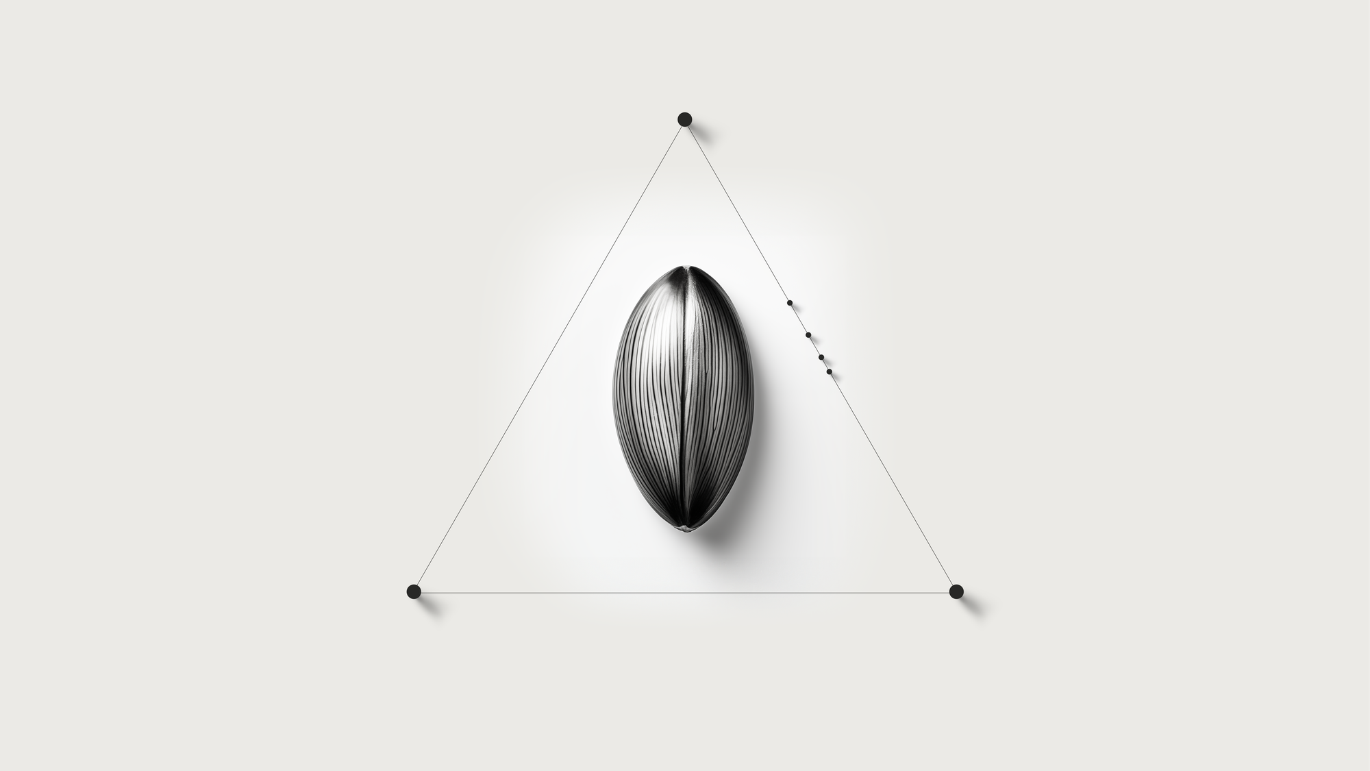 A hairline triangle with a dot at each corner, four smaller dots descending along its right edge, and a ridged silver seed inside.