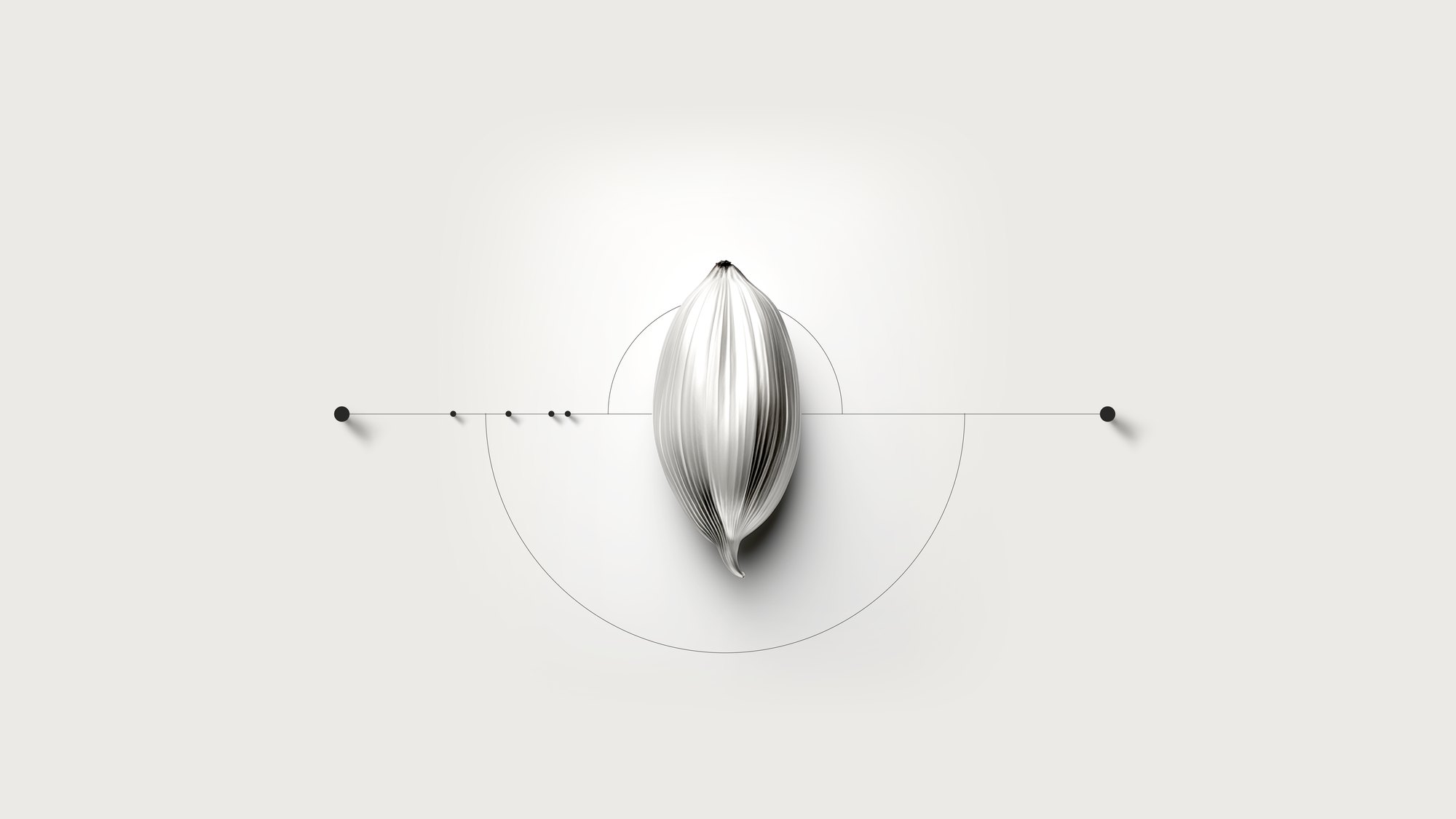 A single hairline axis with two arcs, dots of mixed sizes spaced unevenly along it like a number line.