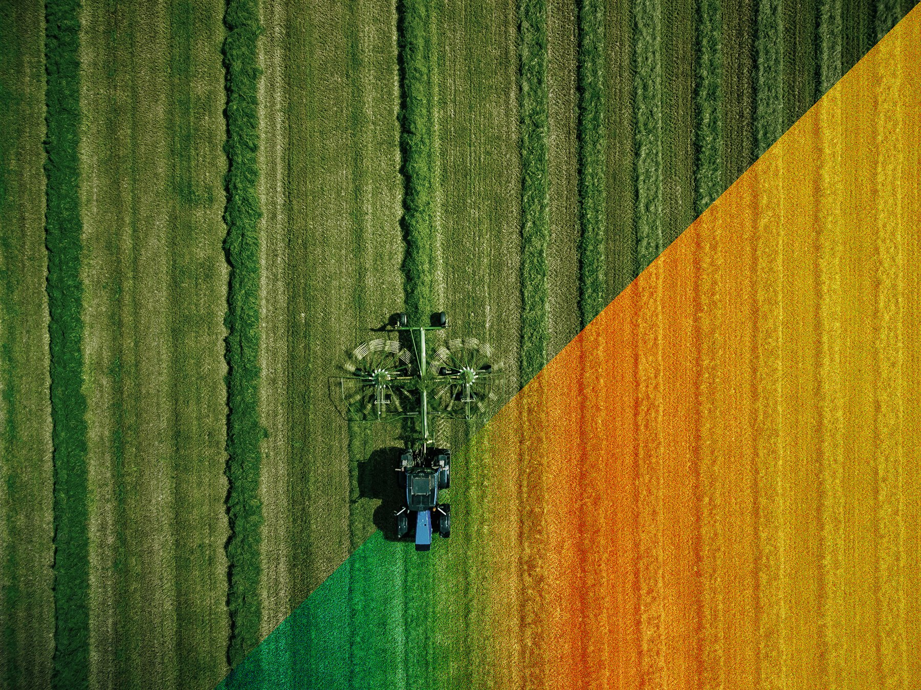 A tractor raking a field seen from directly overhead, with a colour ramp applied across the lower right of the frame.