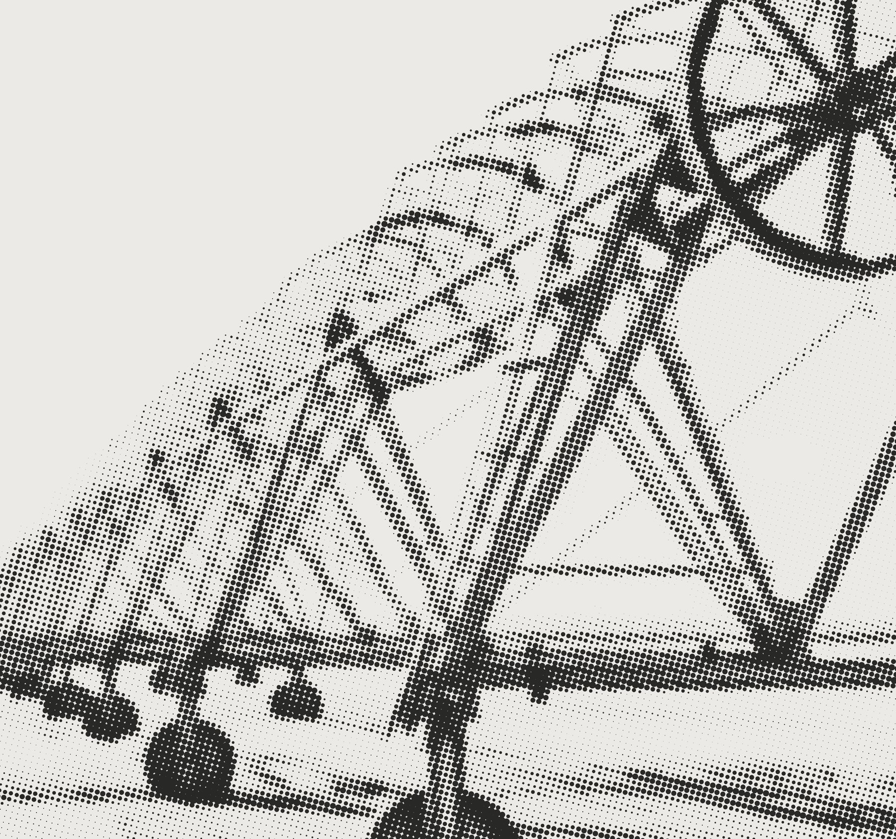 An irrigation rig cropped hard and rendered as halftone, the whole machine built from black dots.