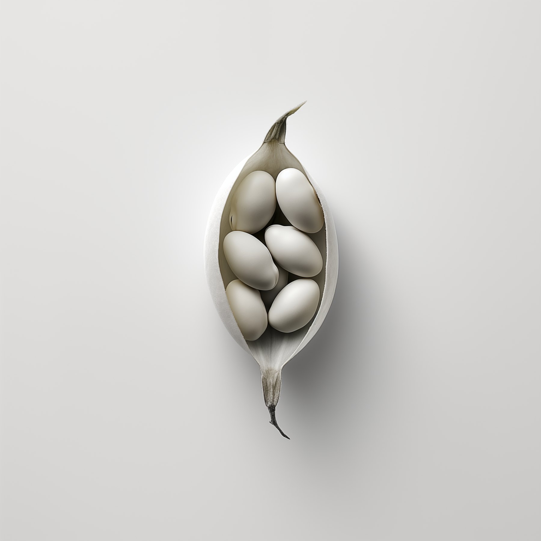 A split seed pod standing upright on near white with pale seeds visible inside, lit the same way as the ridged seed.