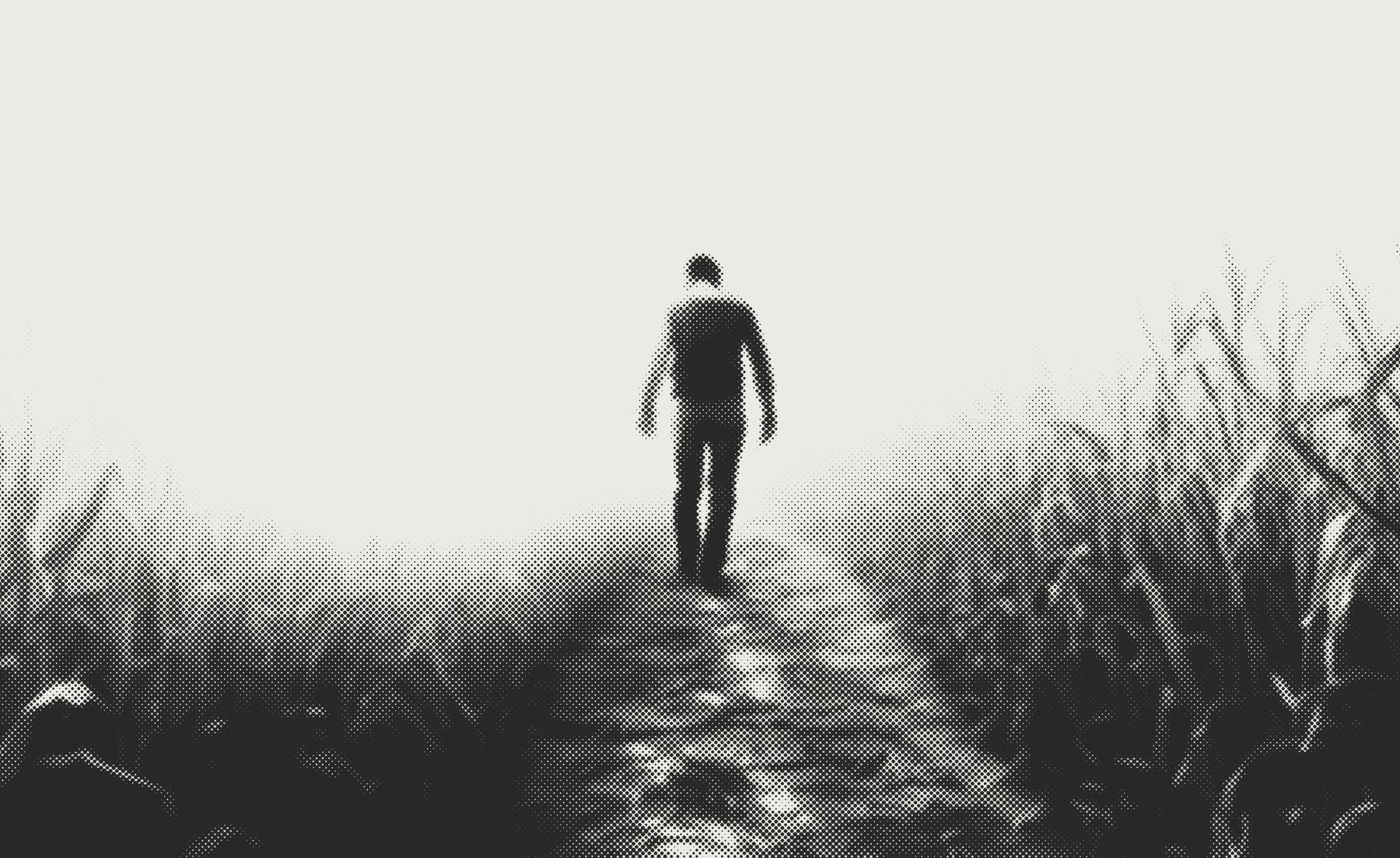 Scale one: a whole scene, a man walking away down a field track, rendered as coarse black halftone dots.