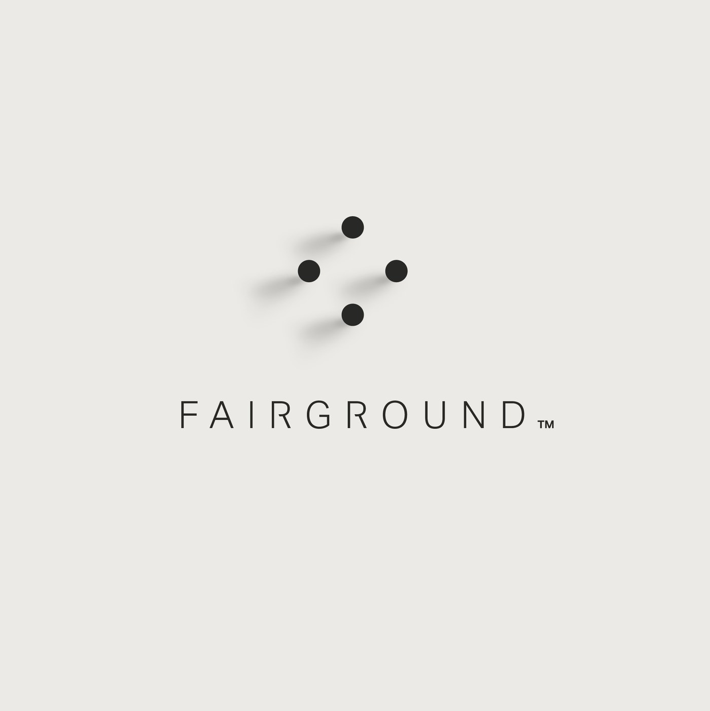 Diamond configuration: four equal charcoal dots on the corners of a tilted square, above the FAIRGROUND wordmark, on bone.