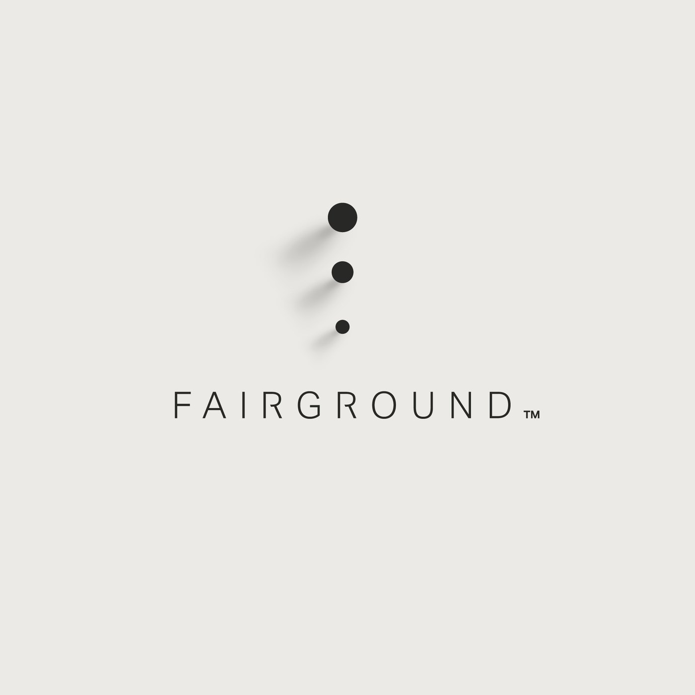 Column configuration: three charcoal dots stacked vertically, largest at the top, above the FAIRGROUND wordmark, on bone.
