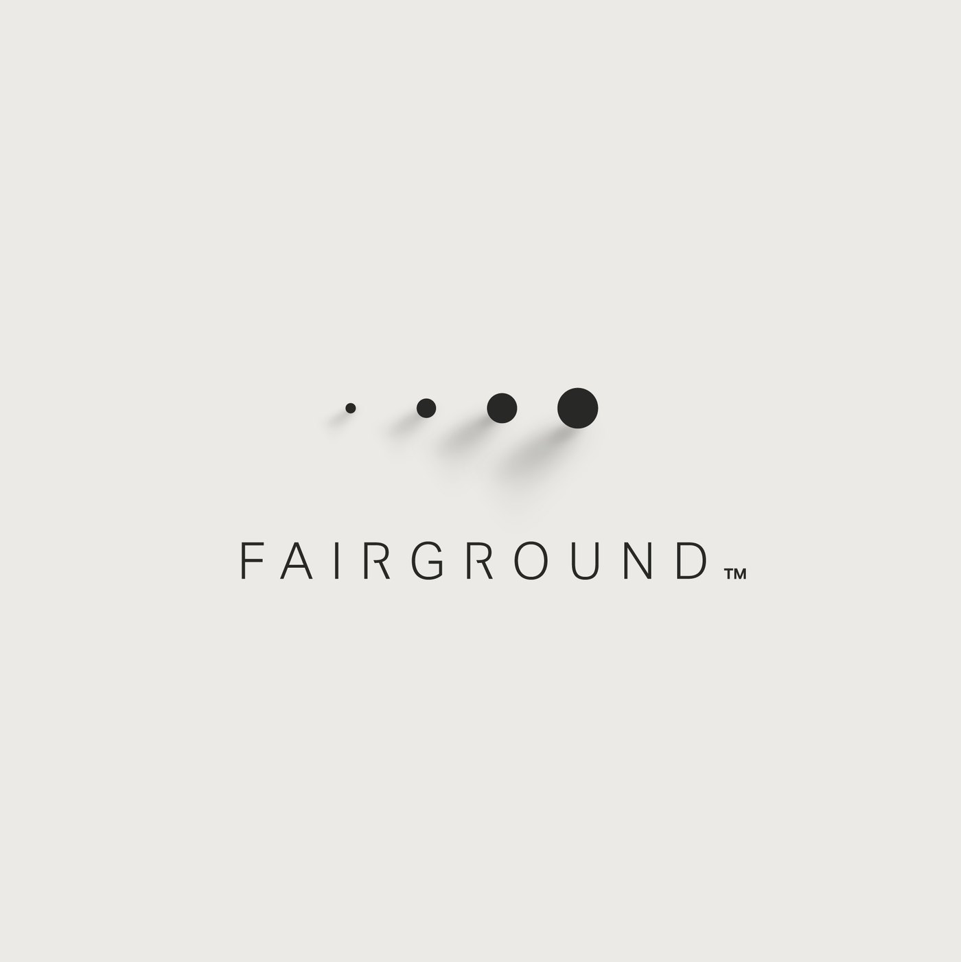 Row configuration: four charcoal dots in a line growing from smallest on the left to largest on the right, above the FAIRGROUND wordmark, on bone.