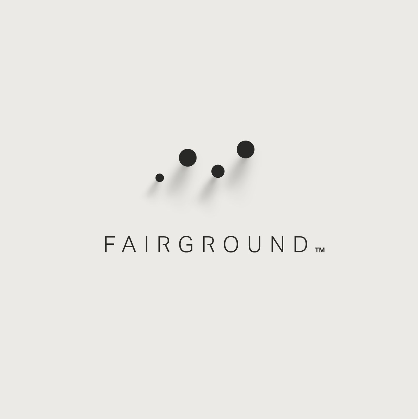Plot configuration: four charcoal dots of differing sizes at four different heights, like a plotted series, above the FAIRGROUND wordmark, on bone.